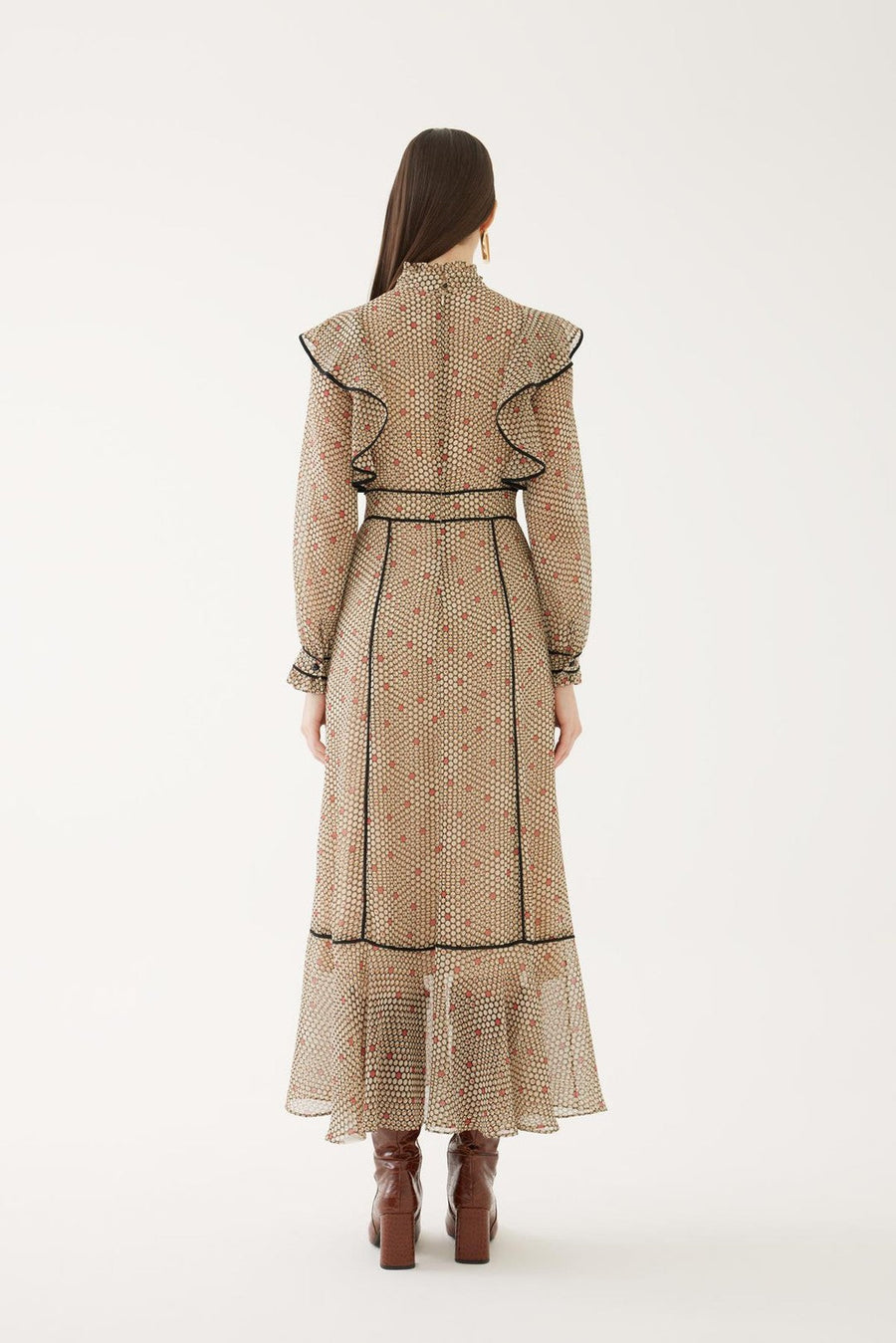 Multicolor Mandarin Collar Dress With Flounce And Tape