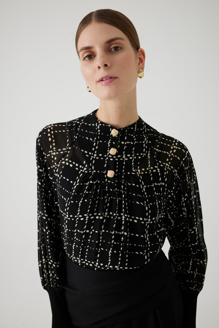 Exquise  Plaid Patterned Button Detailed Regular Black Chiffon Blouse - Porterist 1