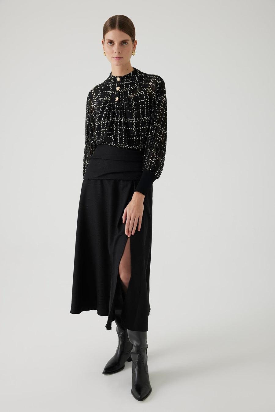 Exquise  Plaid Patterned Button Detailed Regular Black Chiffon Blouse - Porterist 3