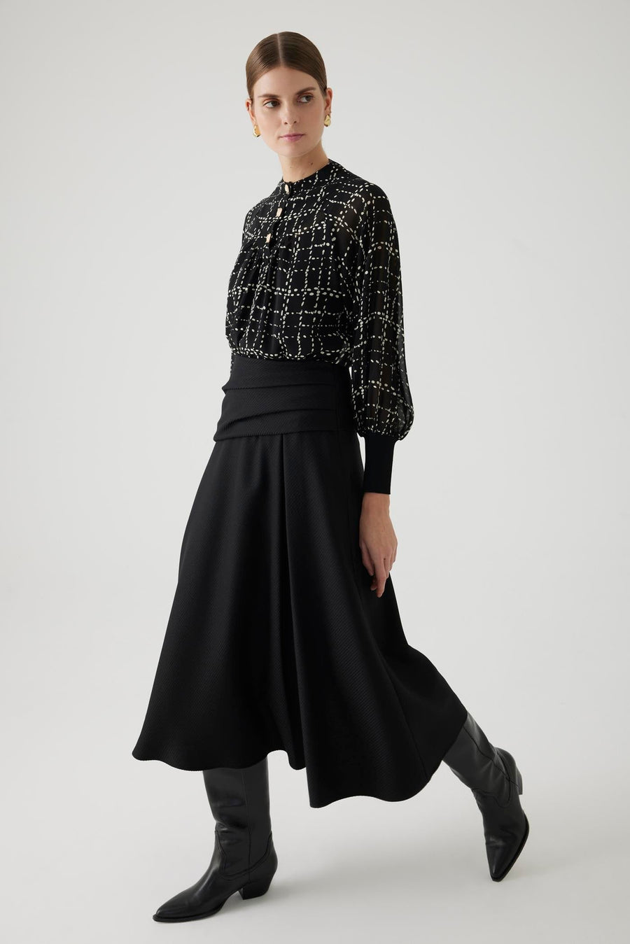 Exquise  Plaid Patterned Button Detailed Regular Black Chiffon Blouse - Porterist 4