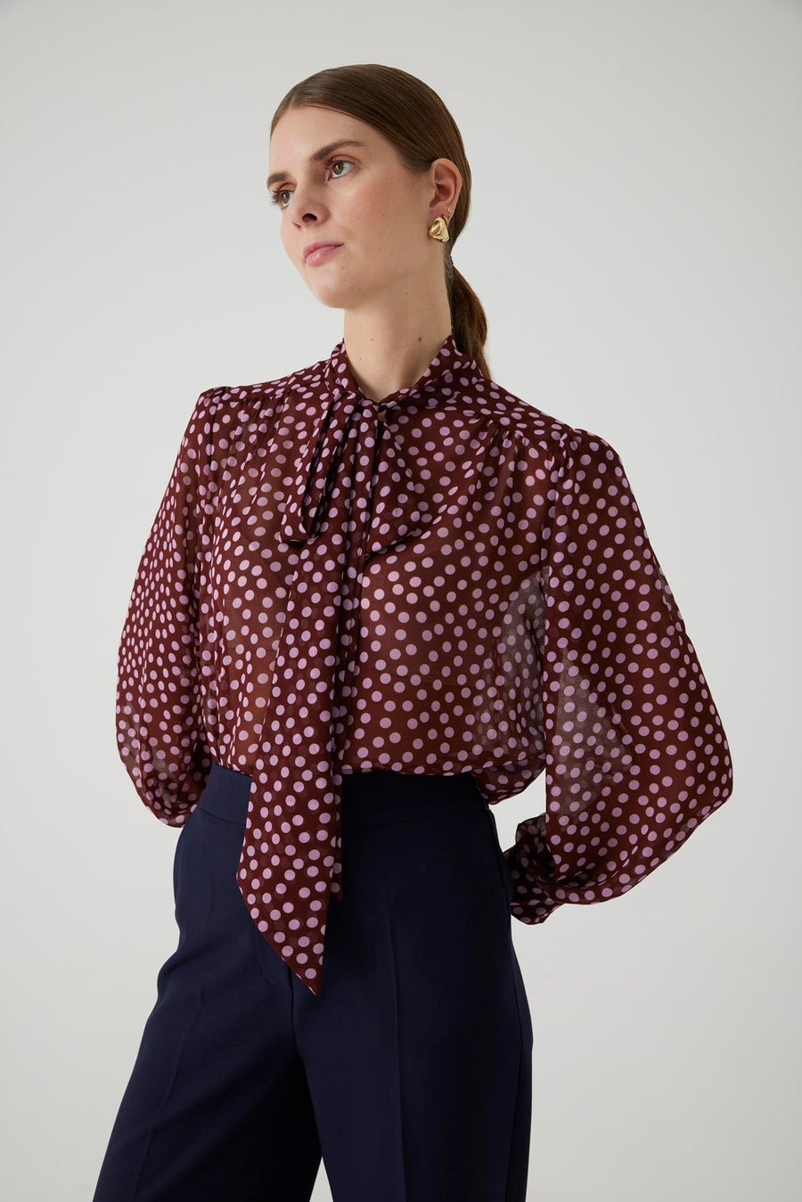 Exquise  Polka Dot Chiffon Shawl Collar Regular Blouse - Porterist 1