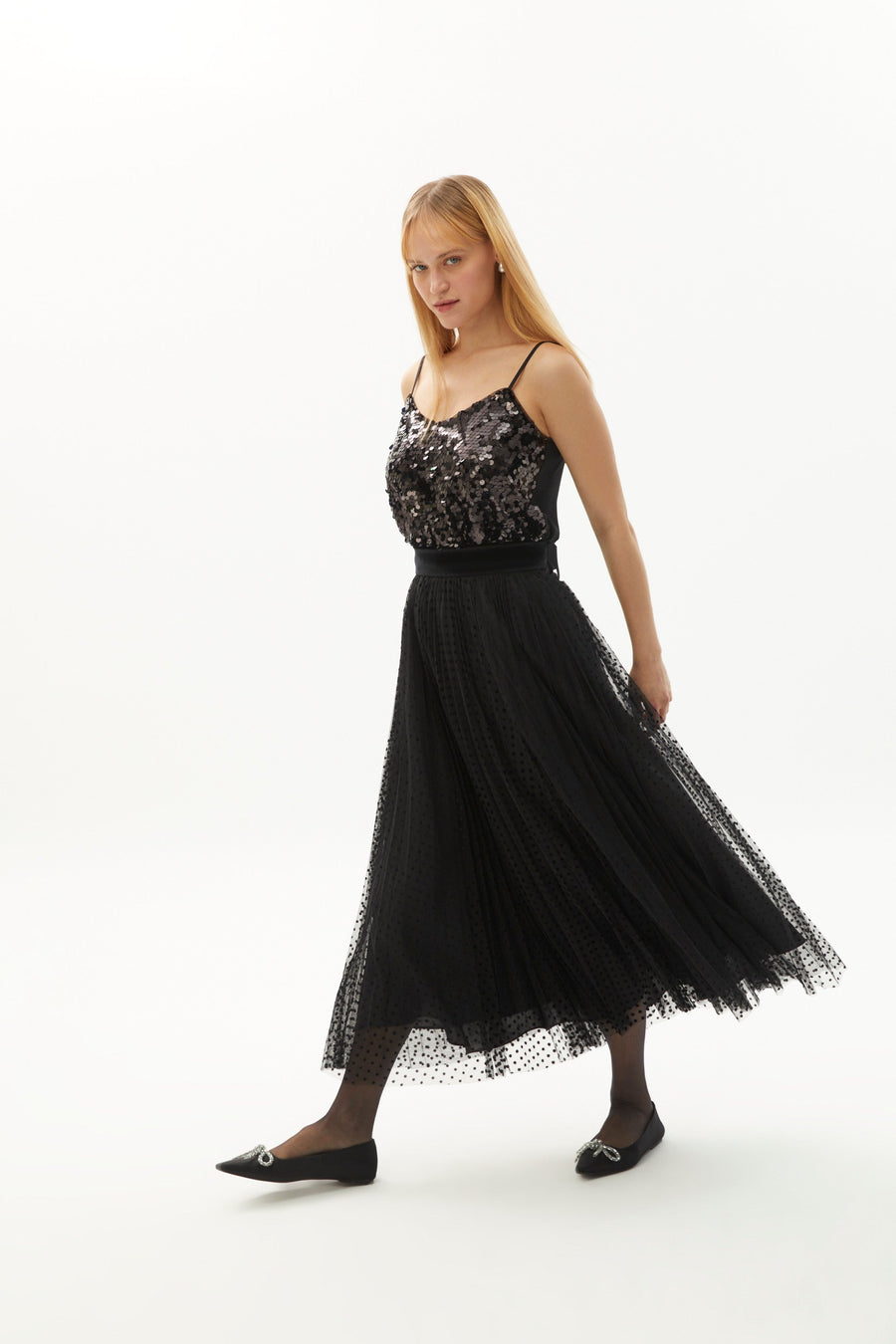 Exquise Polka Dot Velvet Detailed Sheer Black Skirt  - Porterist 1