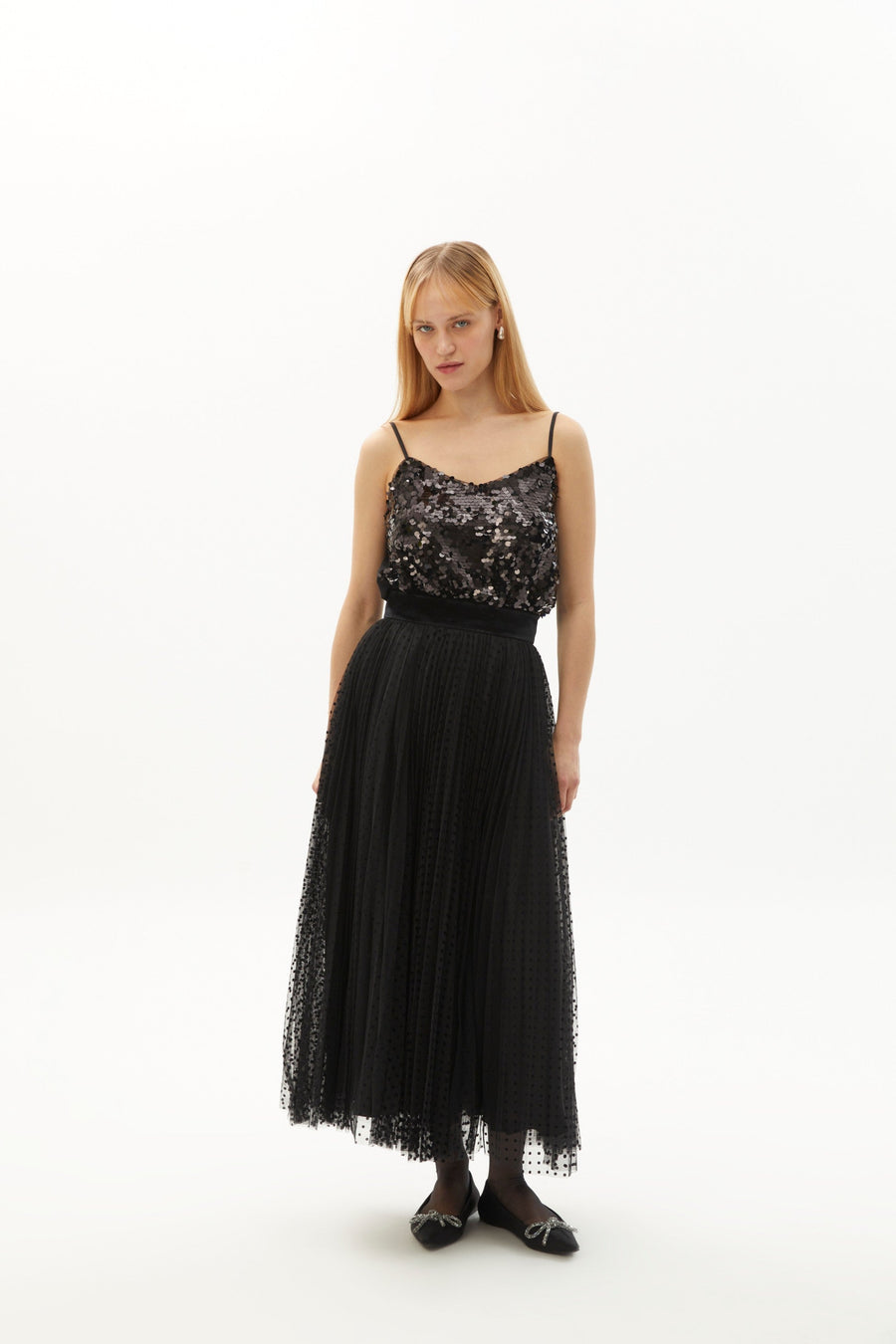 Exquise Polka Dot Velvet Detailed Sheer Black Skirt  - Porterist 3