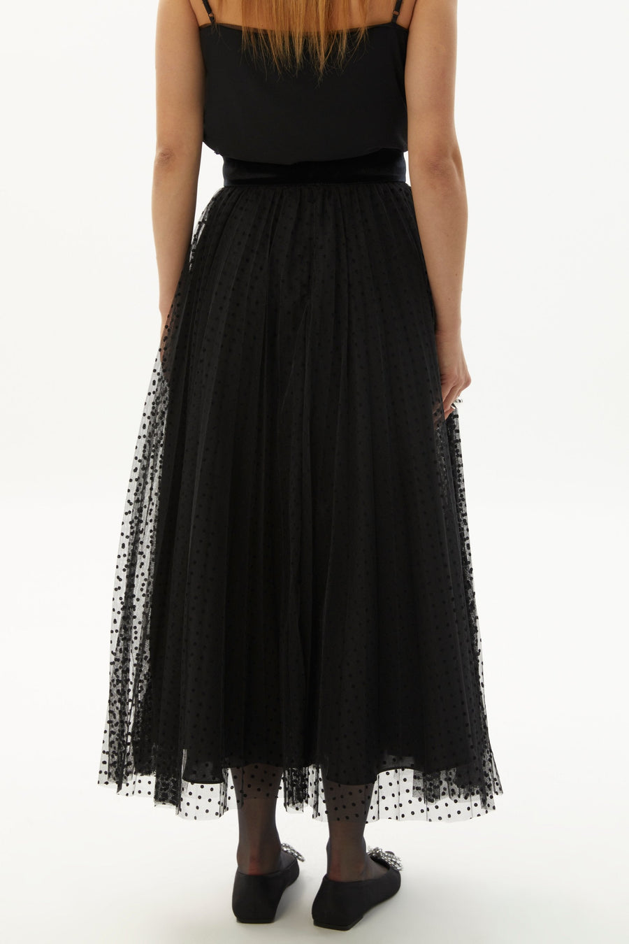 Exquise Polka Dot Velvet Detailed Sheer Black Skirt  - Porterist 4