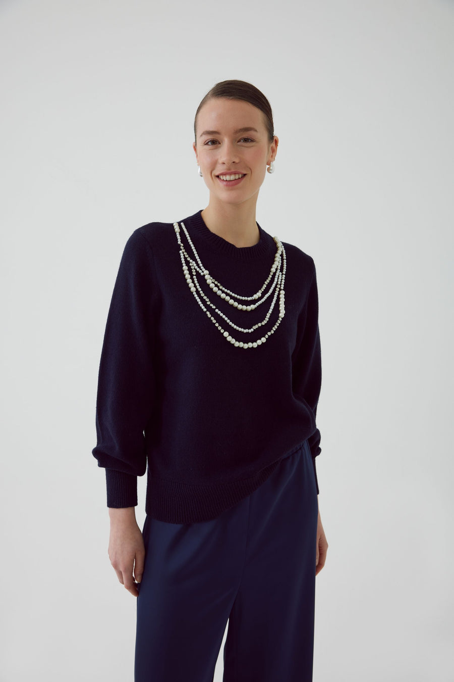 Exquise  Regular Navy Knitted Blouse with Bead Accessories - Porterist 1