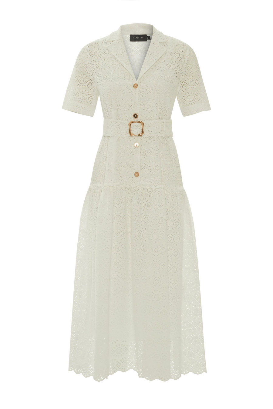 White Embroidered Eyelet Shirt Collar Dress With Belt