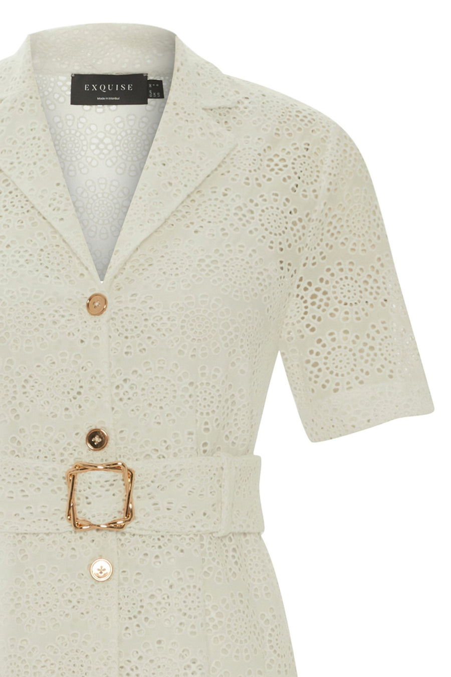 White Embroidered Eyelet Shirt Collar Dress With Belt