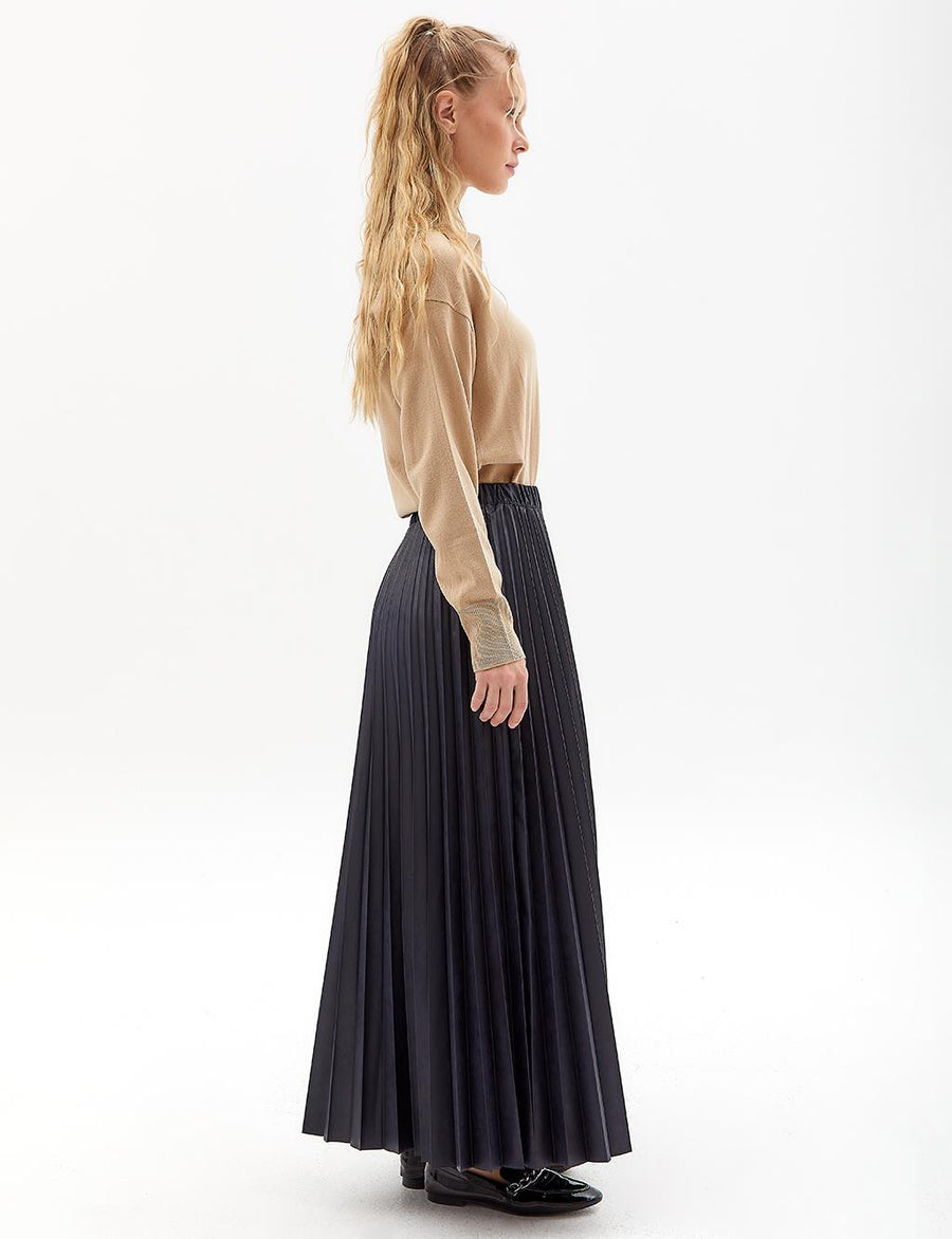 Leather Look Pleat Skirt Navy Blue