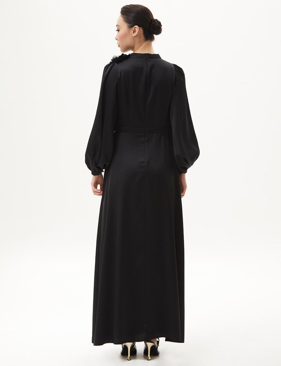 Black Satin Dress With Rose Motif Fınal Item - Porterist 1