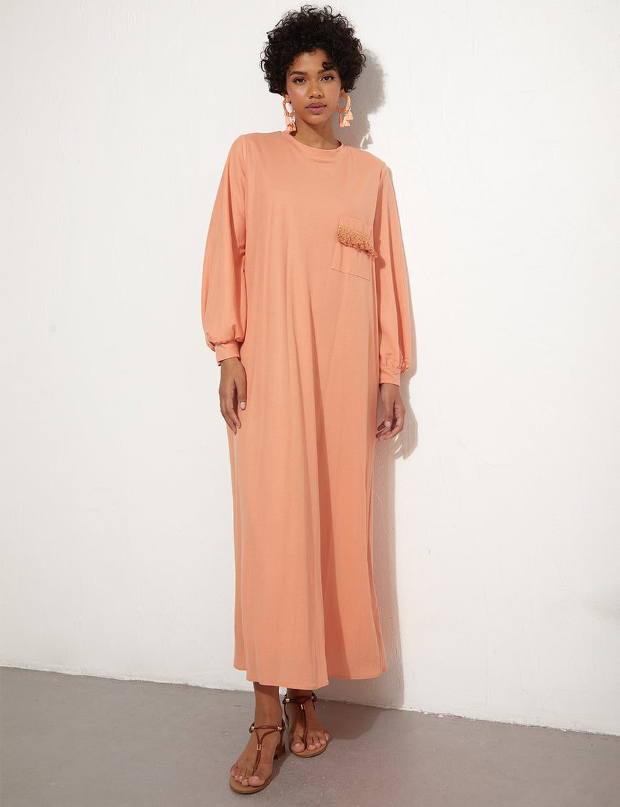 Back Pleated Peach Long Dress