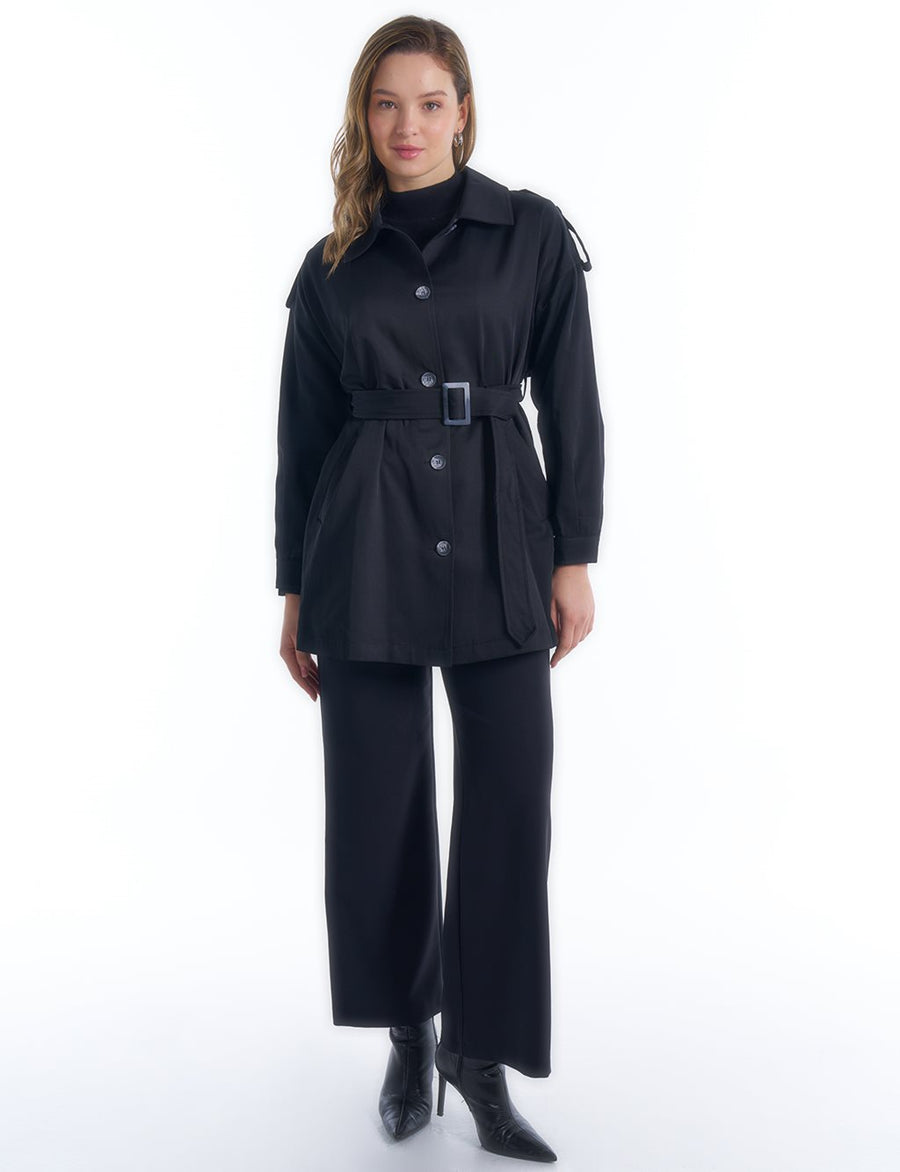 Epaulette Detailed Belt Accessory Trench Coat Black