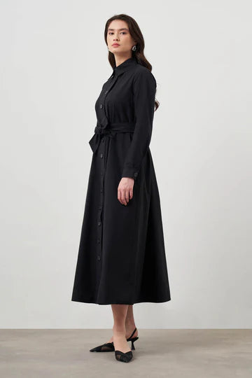 Mizalle Button Up Belted Dress Black Apparel Black