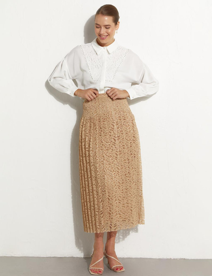 Pleated Lace Skirt Sand Beige