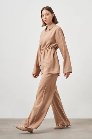 Mizalle Cinched Waist Shirt Jacket Beige Apparel Beige