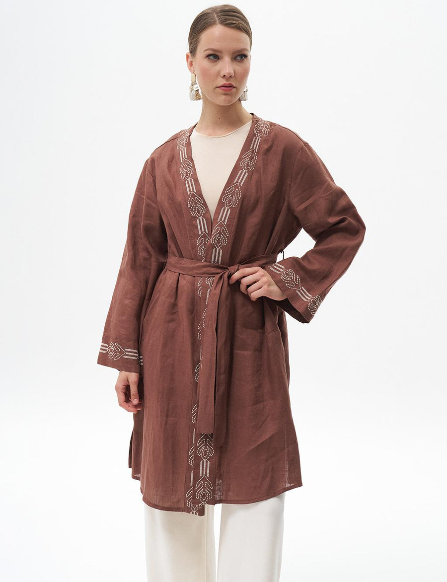 Embroidered Linen Jacket Brown