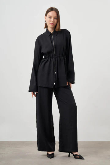 Mizalle Cinched Waist Shirt Jacket Black Apparel Black