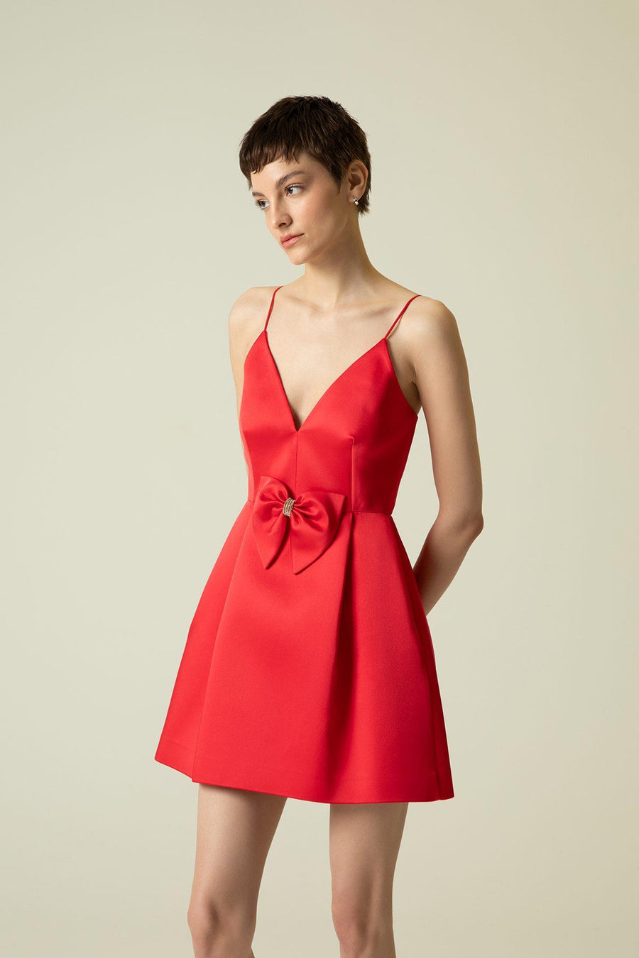 RUE Les Createurs Bow Detailed Red Mini Dress with Thin Straps - Porterist 2