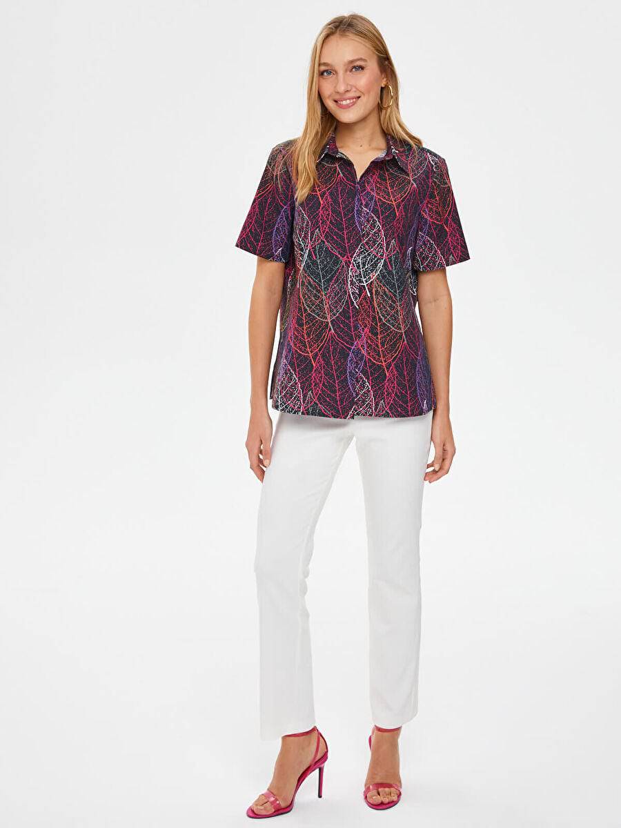 Black Big Leaf Pattern Short Sleeve Poplin Shirt 67301