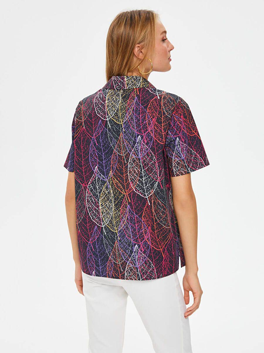 Black Big Leaf Pattern Short Sleeve Poplin Shirt 67301