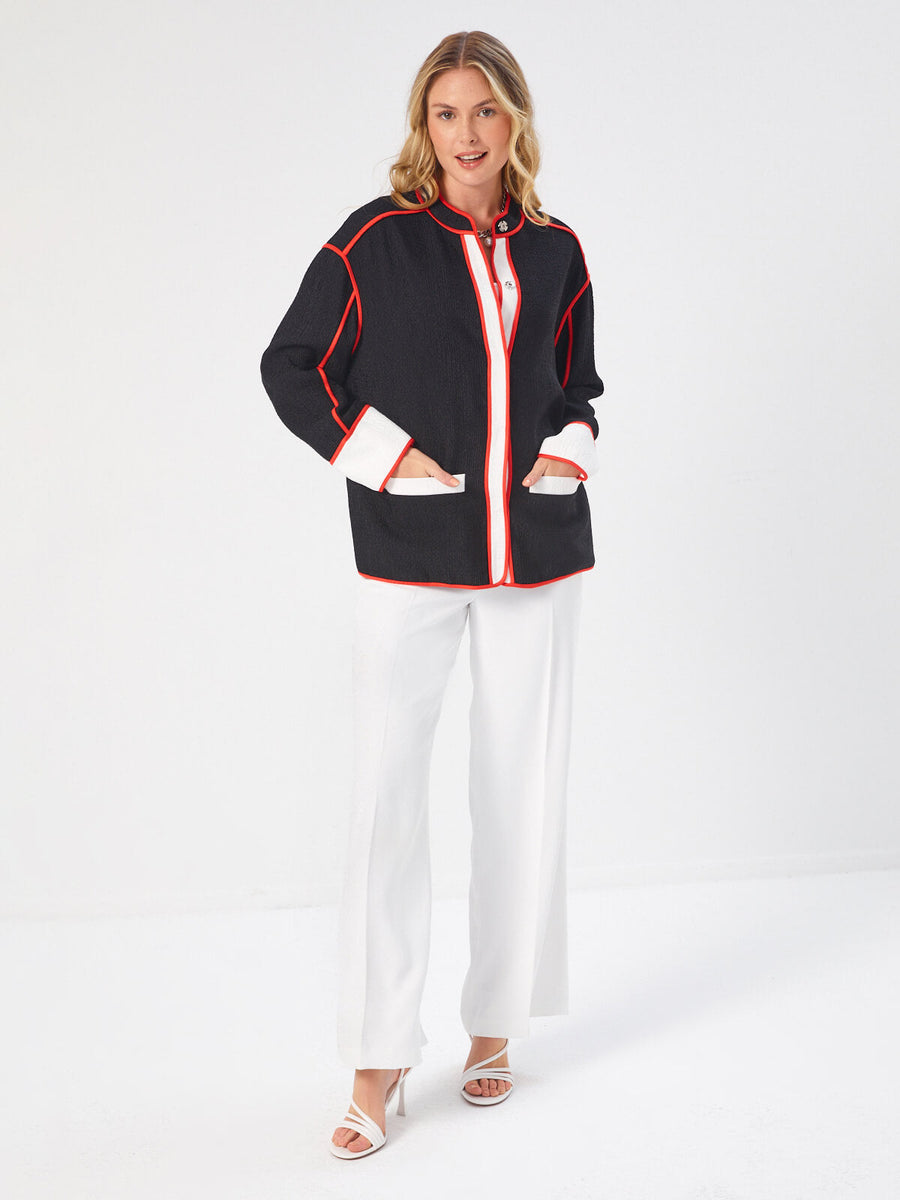 Black Color Block Unlined Jacket With Contrast Piping 68253
