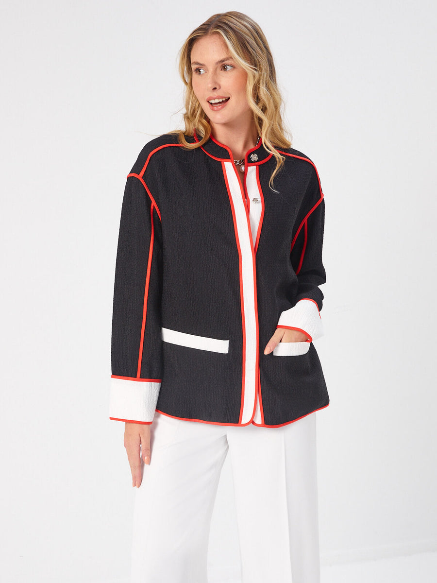 Black Color Block Unlined Jacket With Contrast Piping 68253