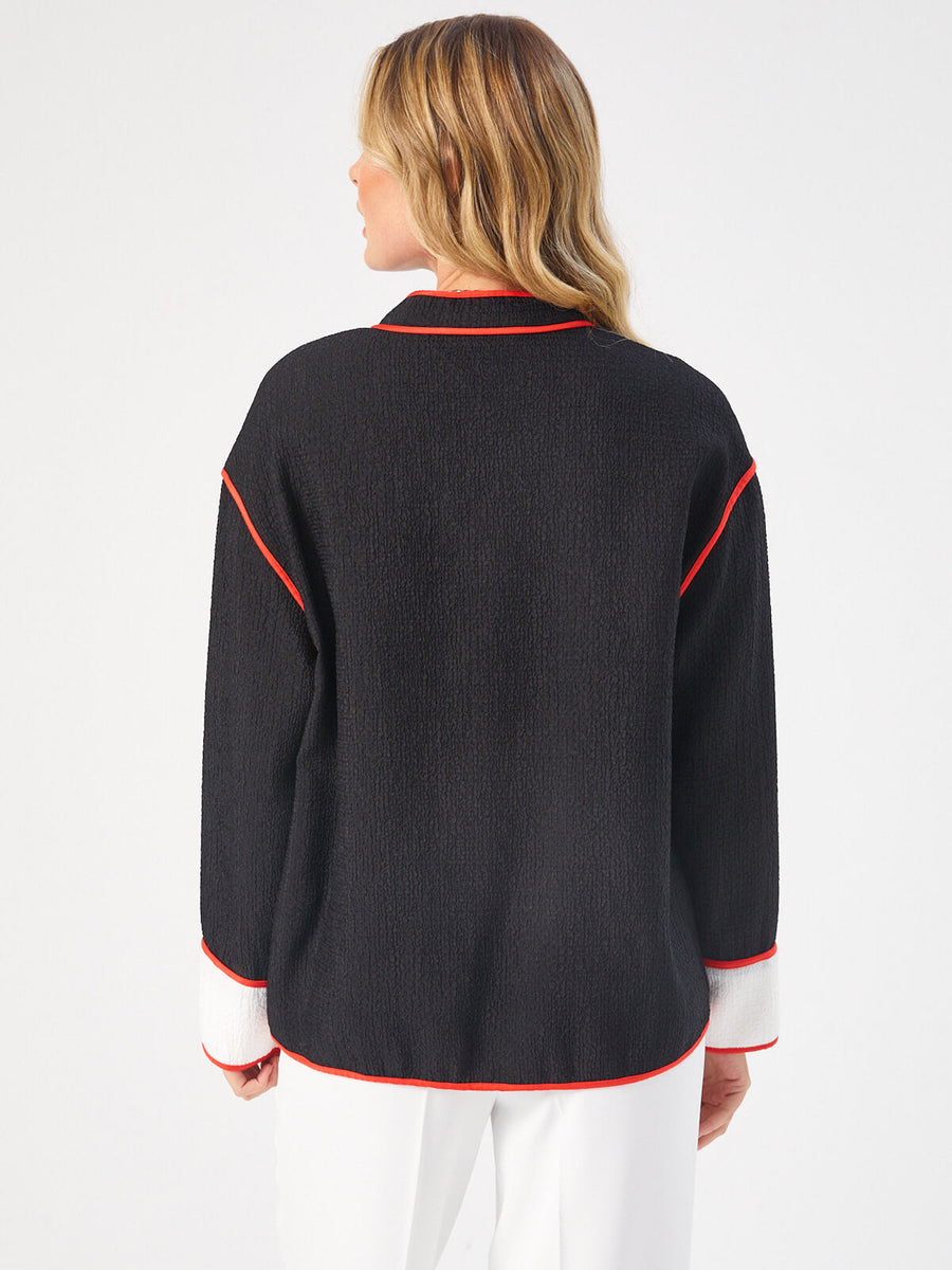 Black Color Block Unlined Jacket With Contrast Piping 68253