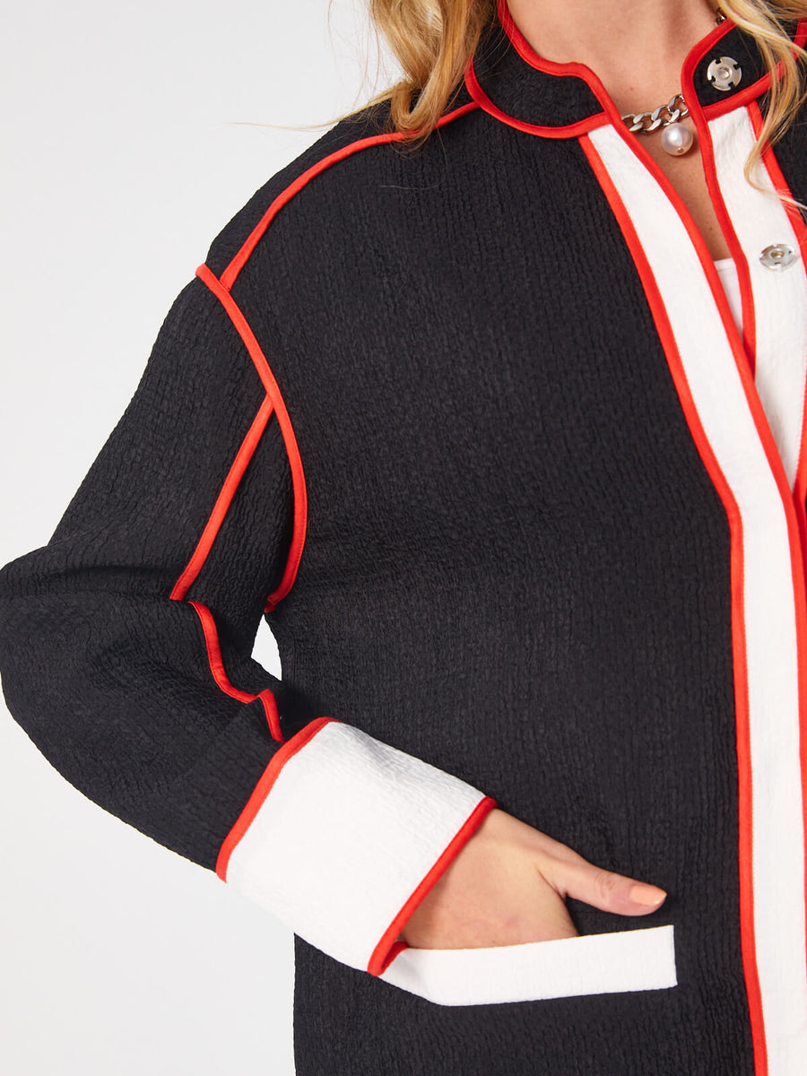 Black Color Block Unlined Jacket With Contrast Piping 68253