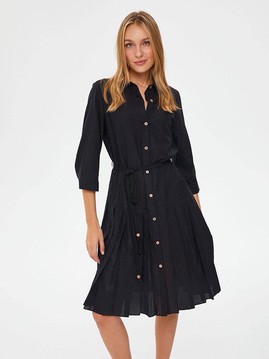 Black Skirt Pleated Detailed Cotton Voile Dress Fınal Item - Porterist 2