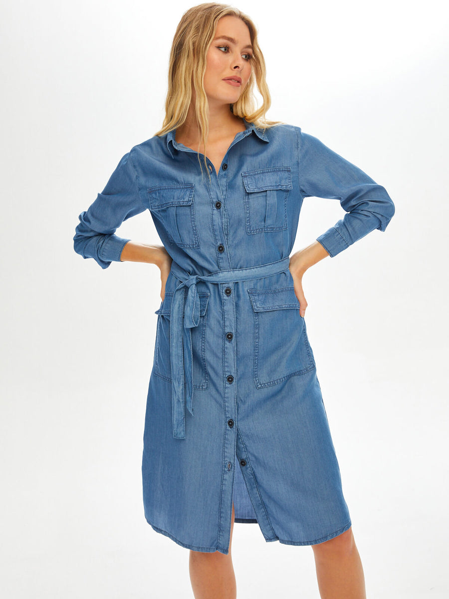Cargo Pocket Detailed Lyocell Shirt Jean Dress 68434 Porterist - 2