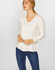 Ecru V-neck Long Sleeve T-Shirt 00012