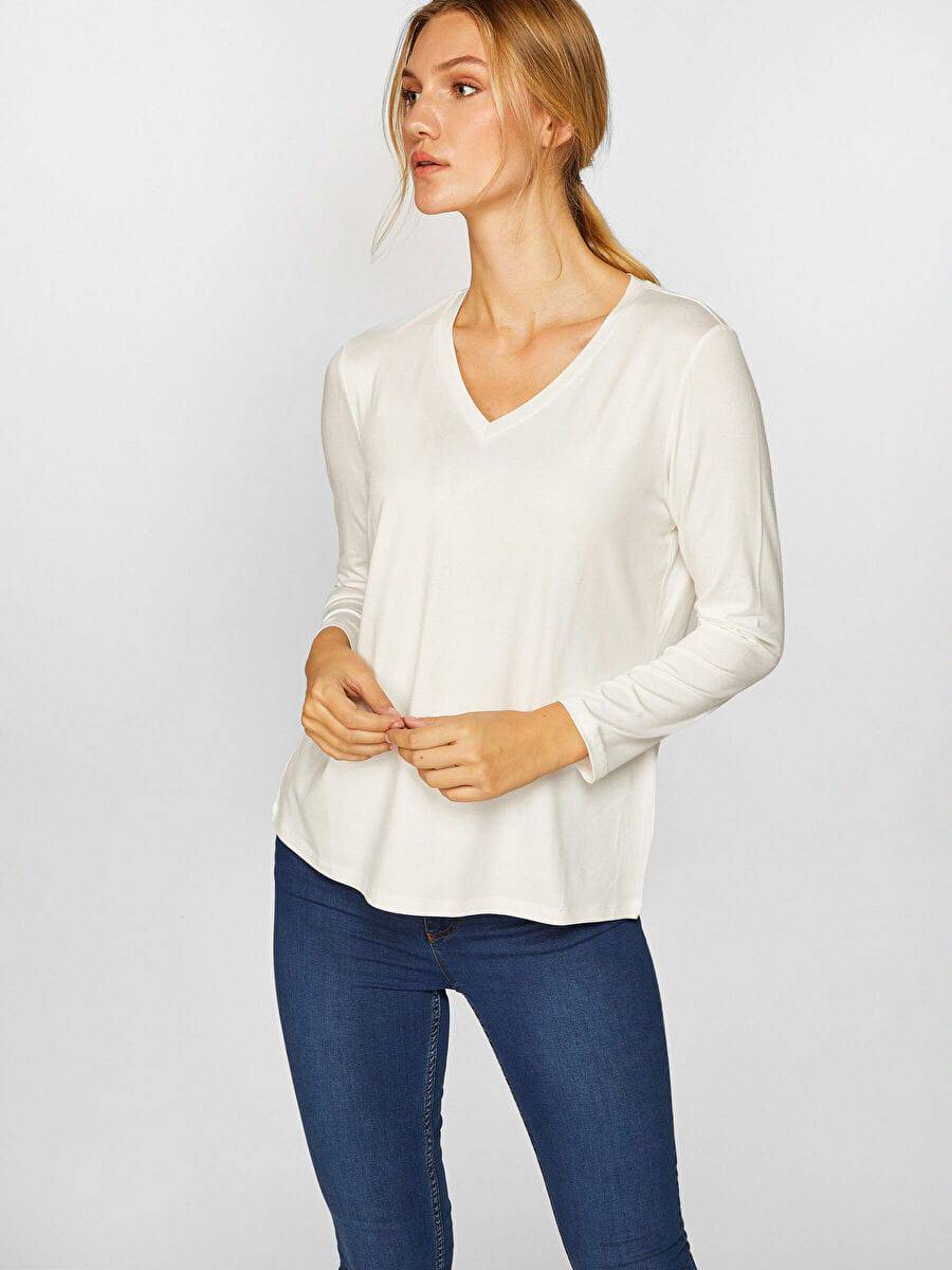 Ecru V-neck Long Sleeve T-Shirt 00012