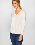 Ecru V-neck Long Sleeve T-Shirt 00012