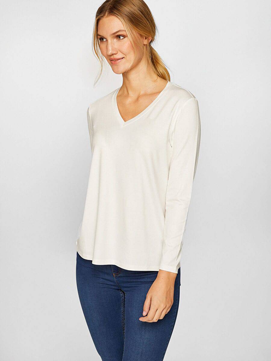 Ecru V-neck Long Sleeve T-Shirt 00012