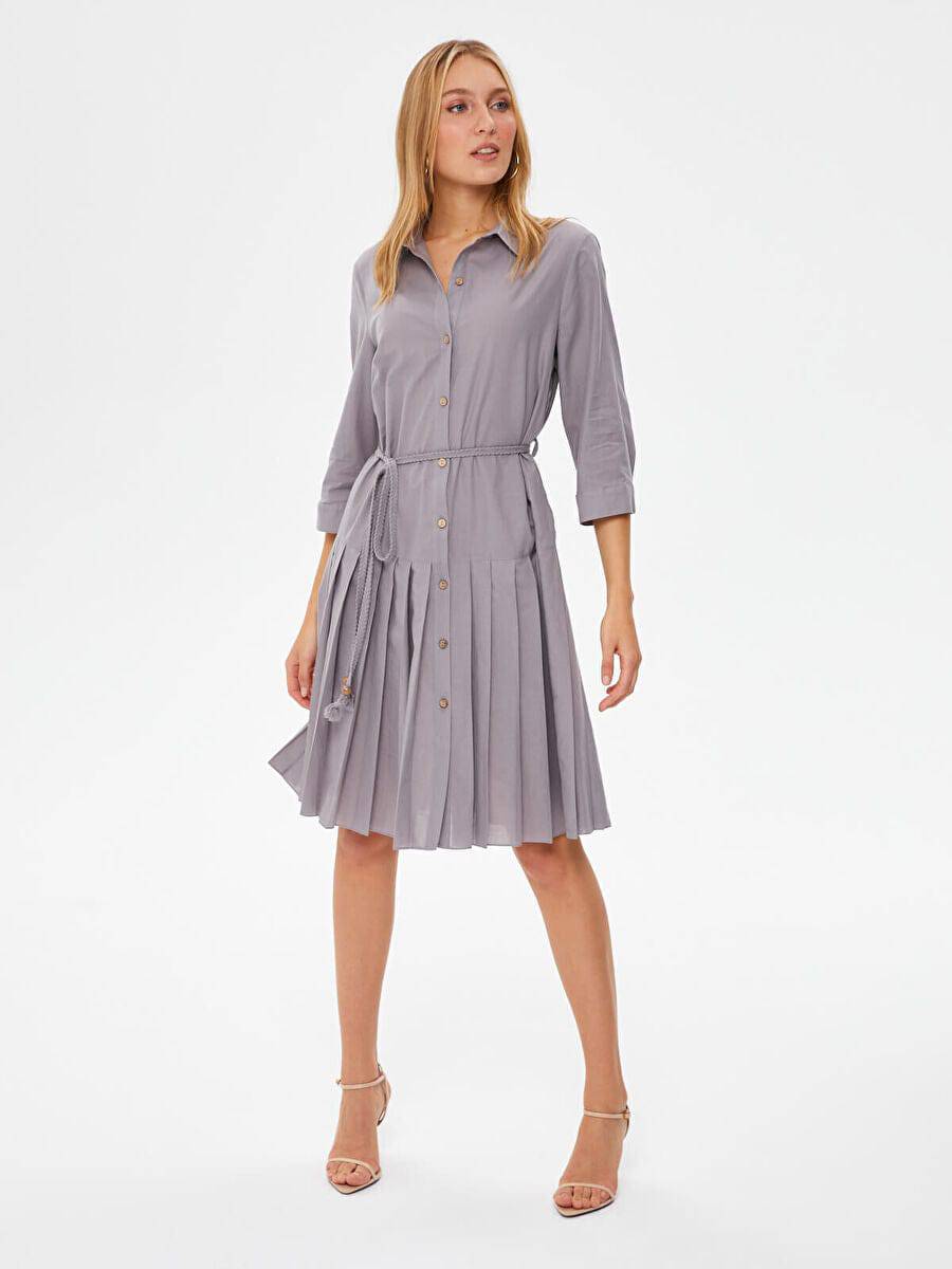 Taupe Skirt Pleated Detailed Cotton Voile Dress 67216