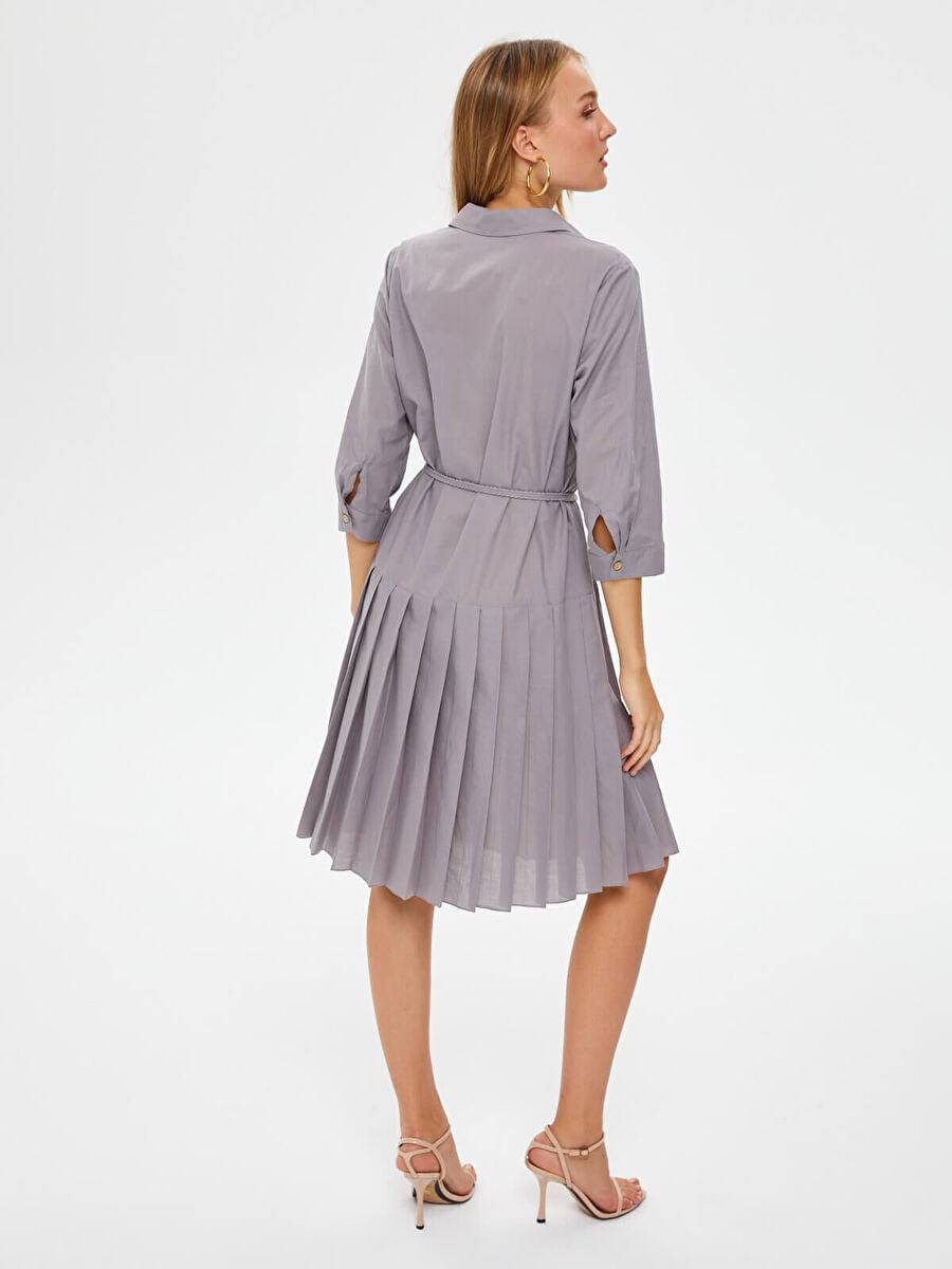 Taupe Skirt Pleated Detailed Cotton Voile Dress 67216