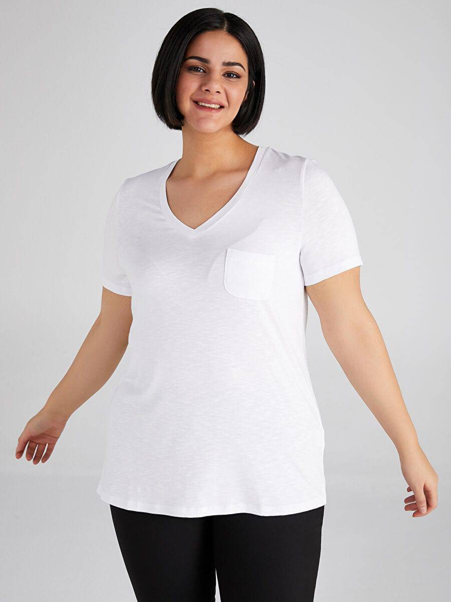 White V-neck Short Sleeve T-Shirt 00006