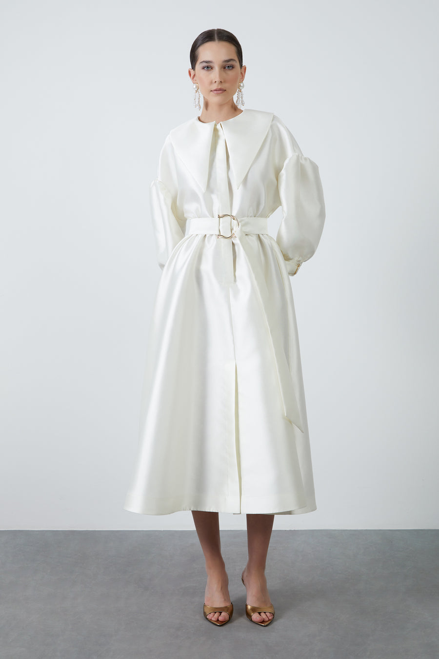 Midi Ecru Dress With Wide Neckline Portable Belted Fınal Item - Porterist 2