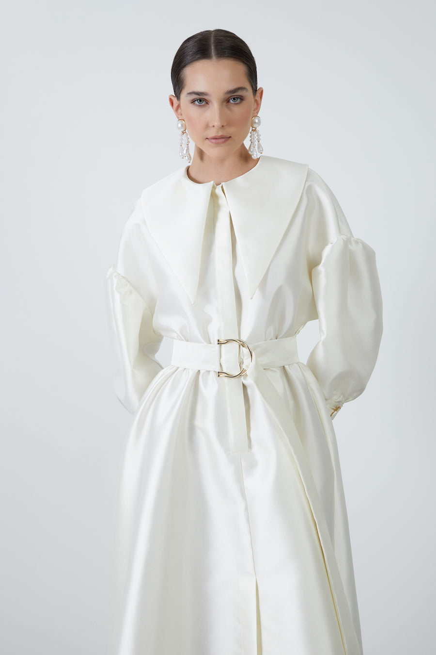 Midi Ecru Dress With Wide Neckline Portable Belted Fınal Item - Porterist 3