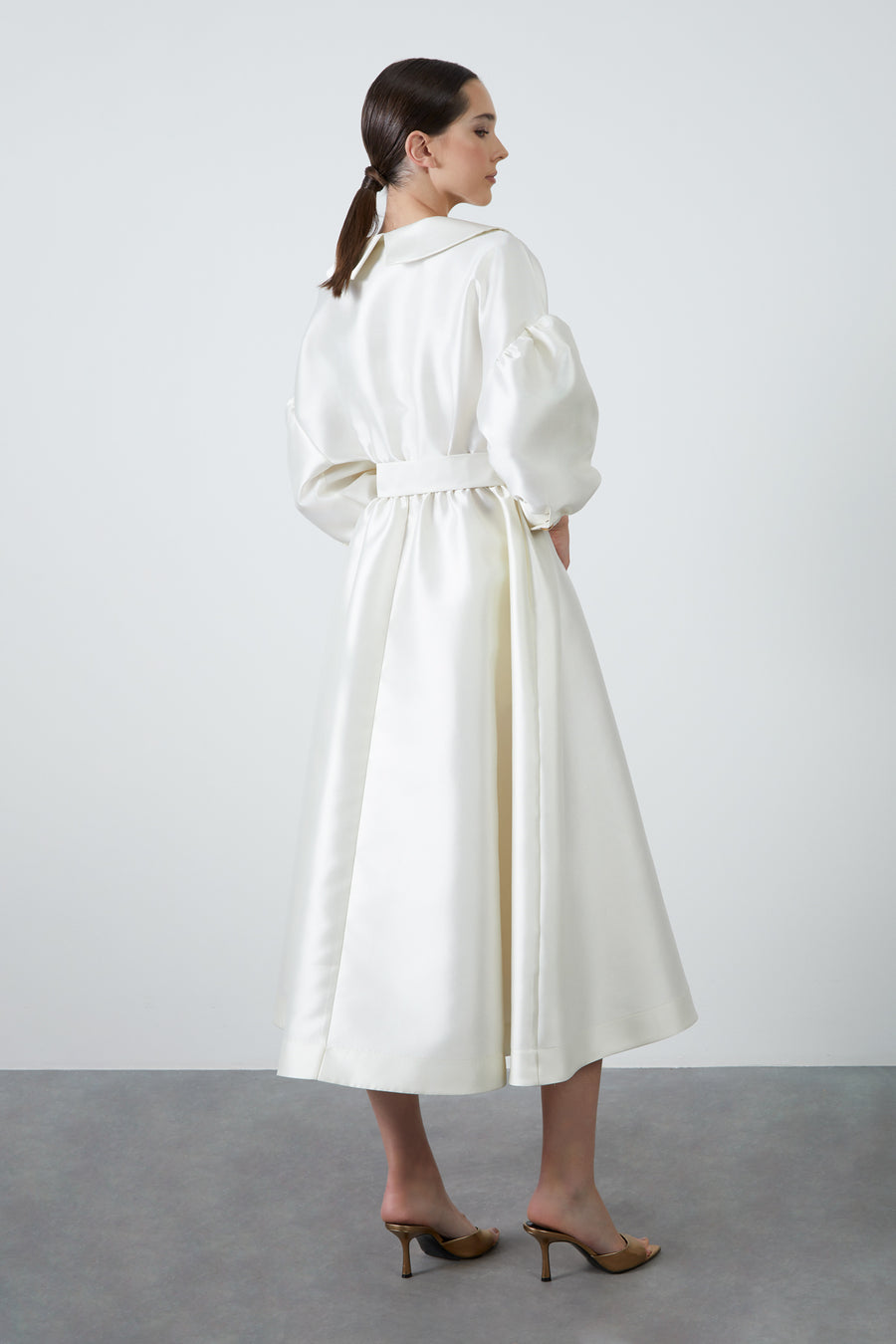 Midi Ecru Dress With Wide Neckline Portable Belted Fınal Item - Porterist 5