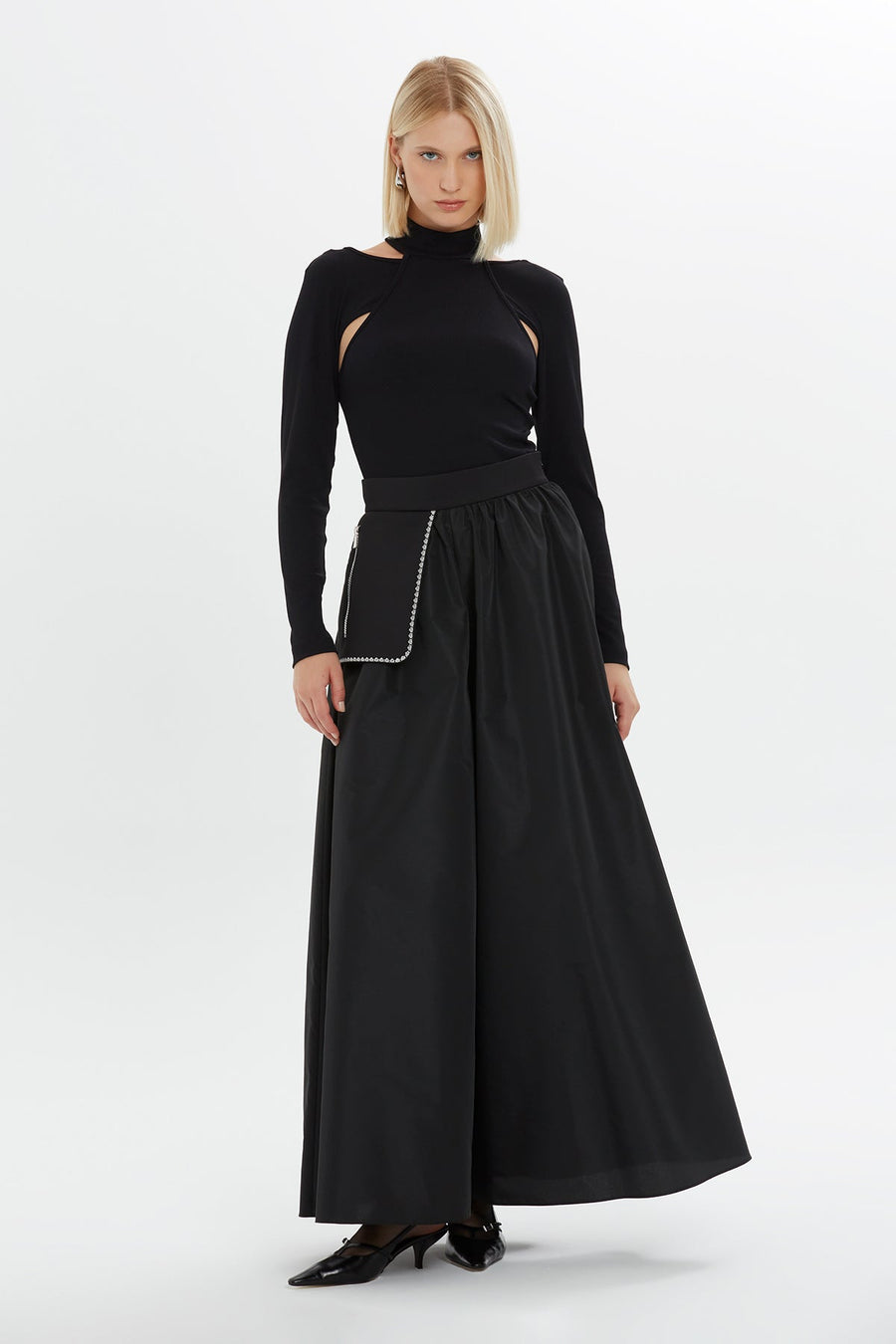 Belted Patch Pocket Embroidery Detail Long Skirt Black