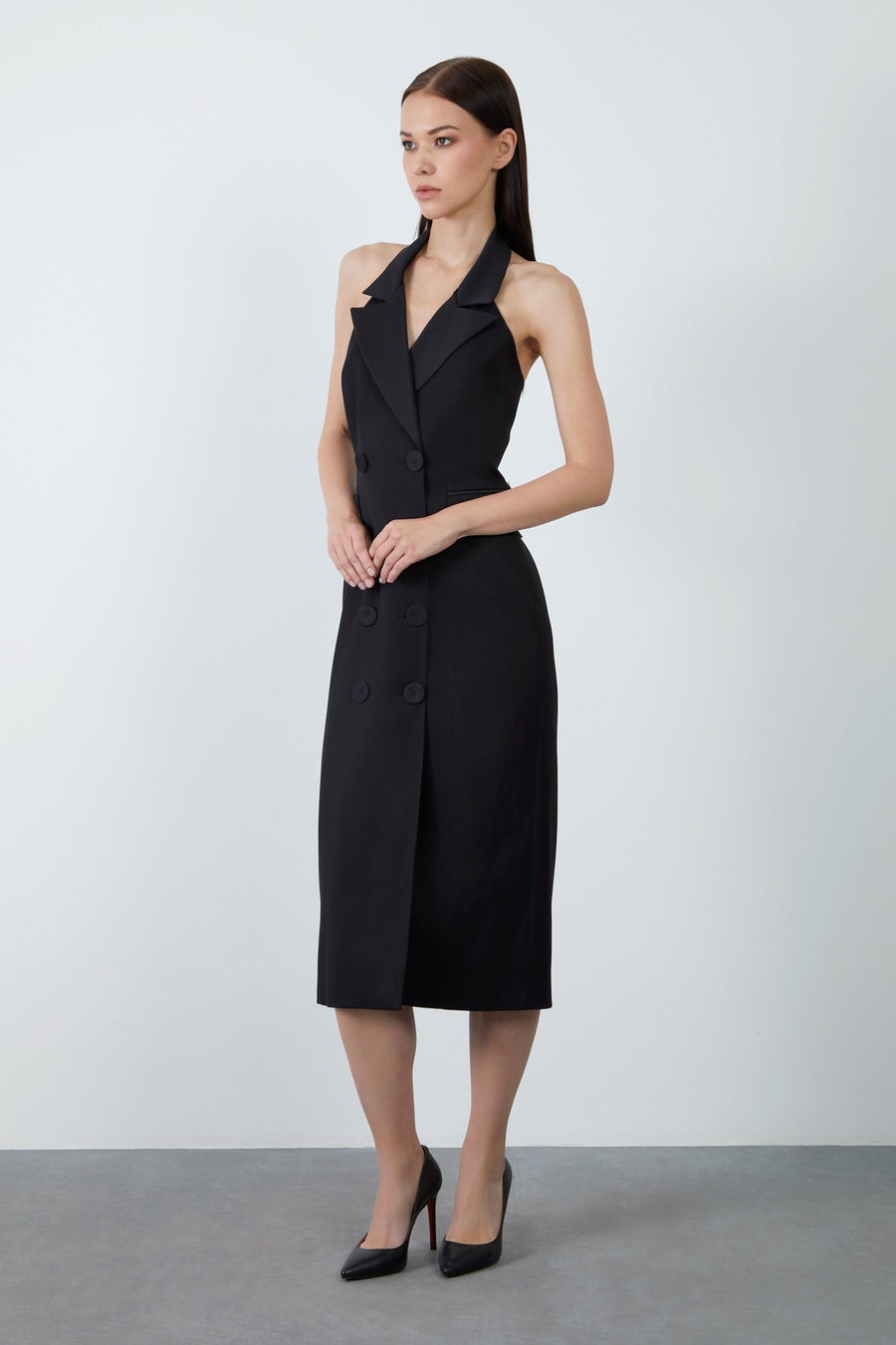 Black Jacket Dress With Satin Collar Detail Open Shoulder
