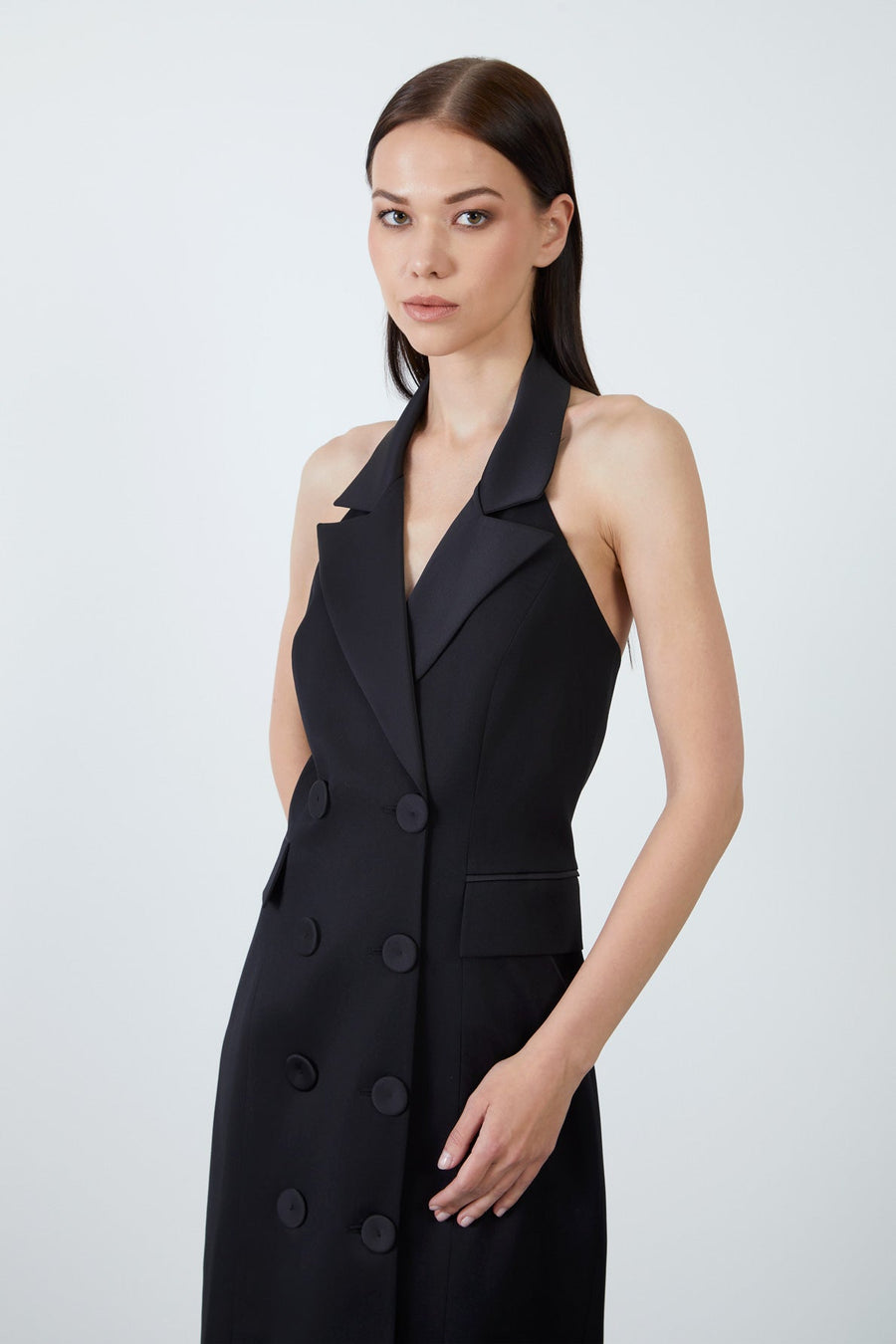 Black Jacket Dress With Satin Collar Detail Open Shoulder