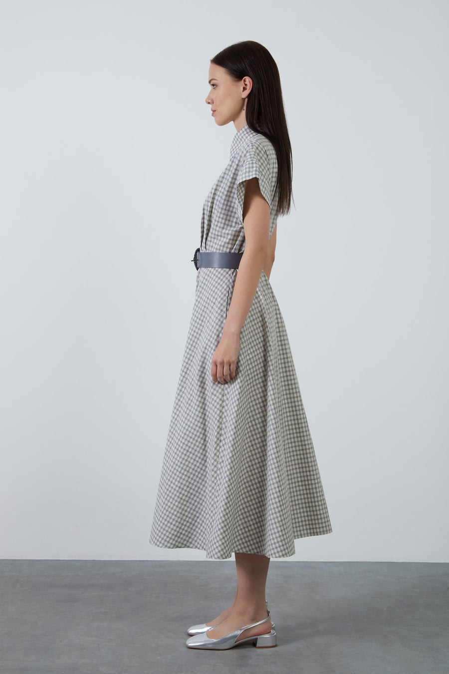 Gingham Short Sleeve Grey Dress With Maxi Shirt Collar