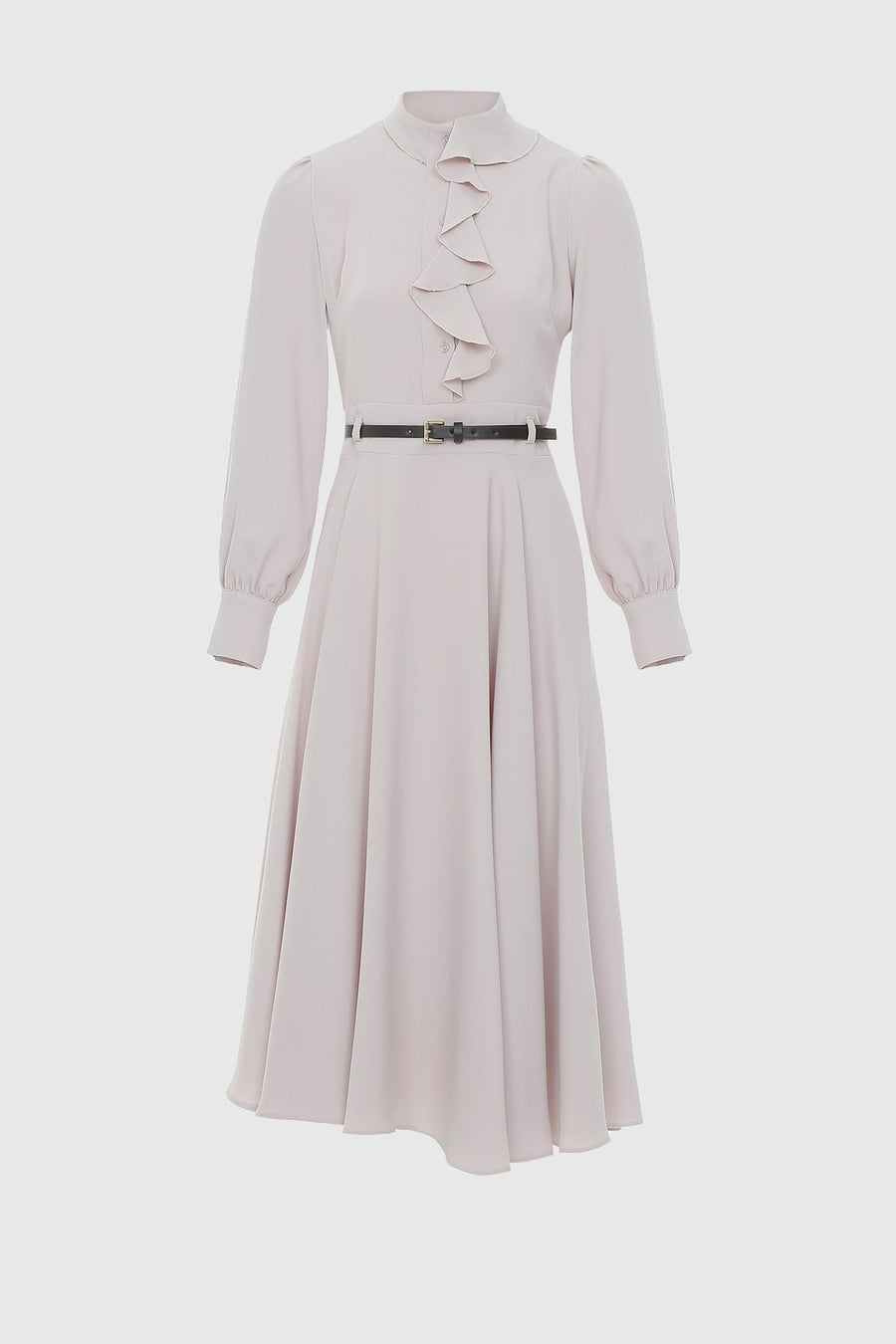 Midi Beige Dress With Flat Flounce Leather Belt | Porterist