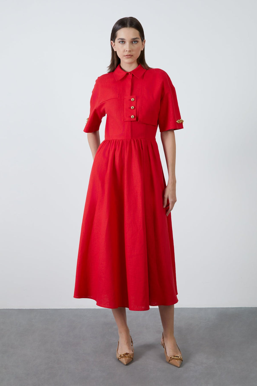 Gizia Midi Length Linen Red Dress With Gold Button Detail- Porterist 1