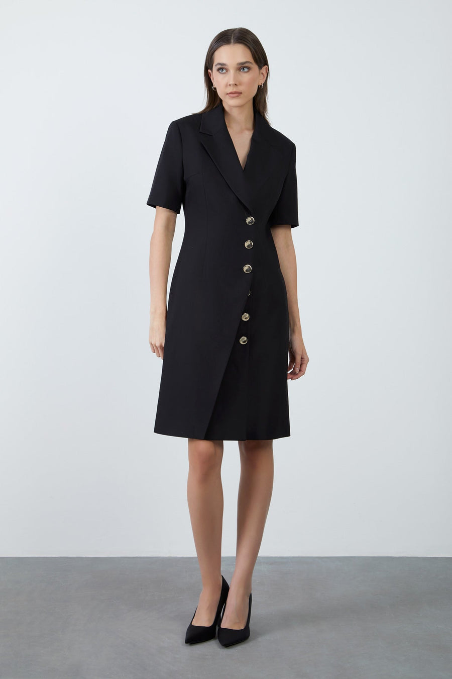 Midi Size Short Sleeve Black Jacket Dress With Double