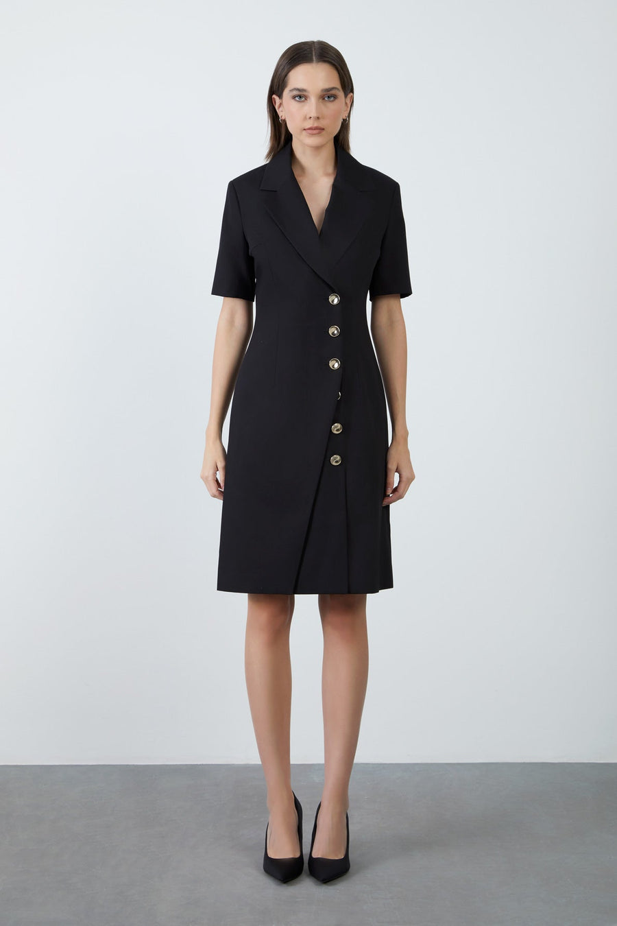 Midi Size Short Sleeve Black Jacket Dress With Double