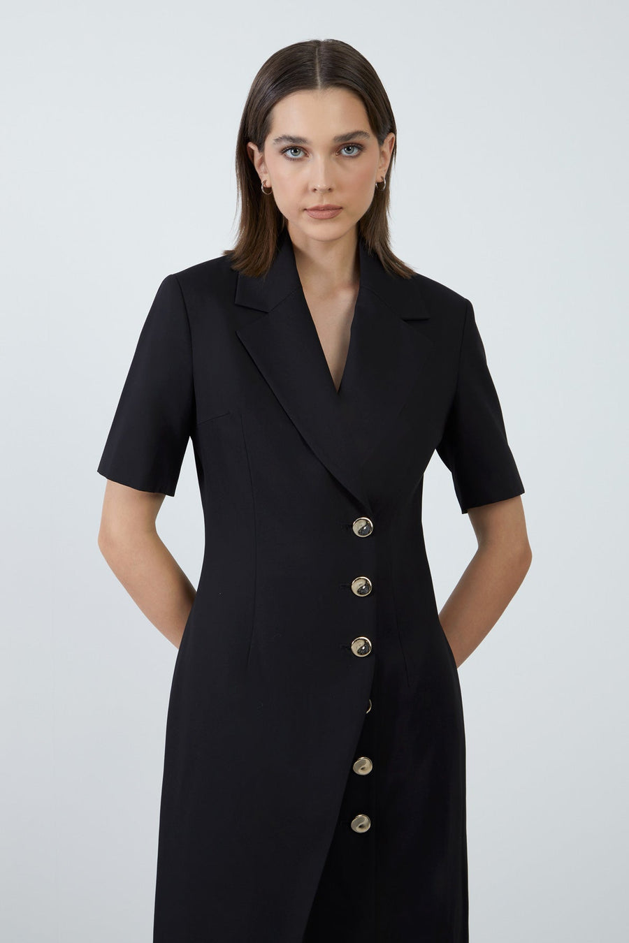 Midi Size Short Sleeve Black Jacket Dress With Double