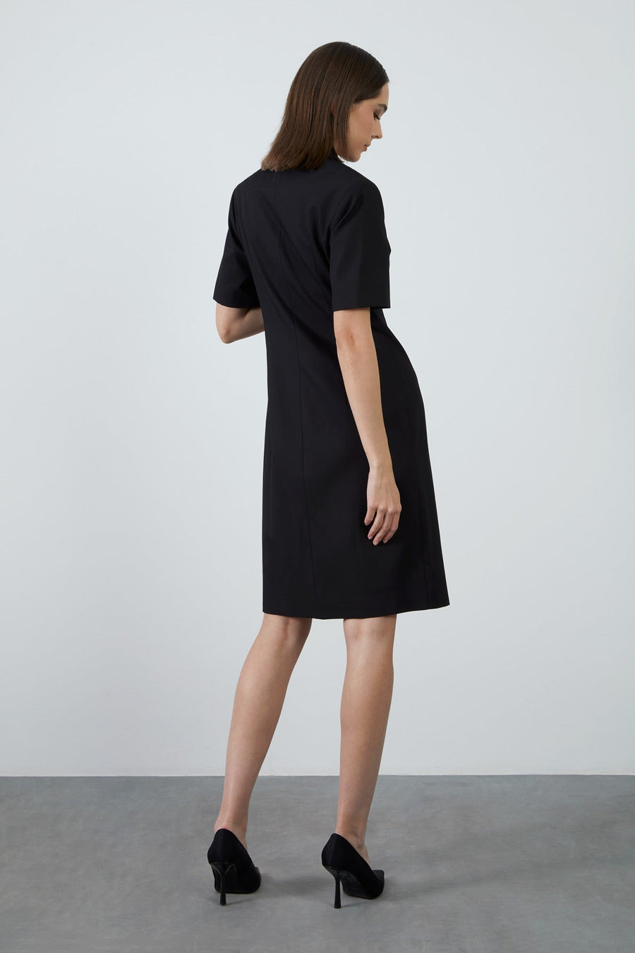 Midi Size Short Sleeve Black Jacket Dress With Double
