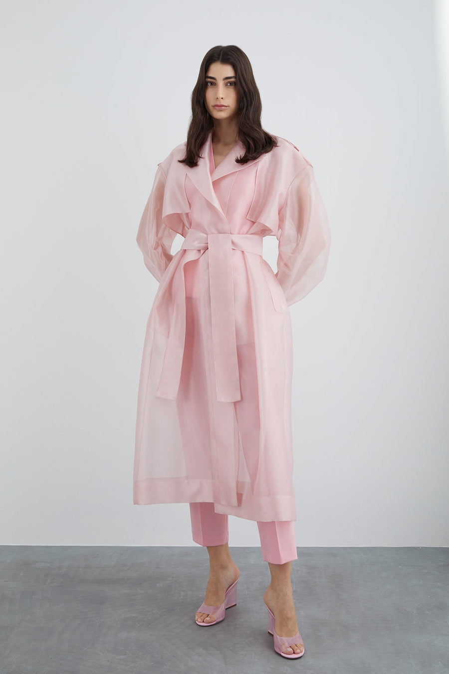 Pink Pearl Button Detailed Long Organza Jacket | Porterist
